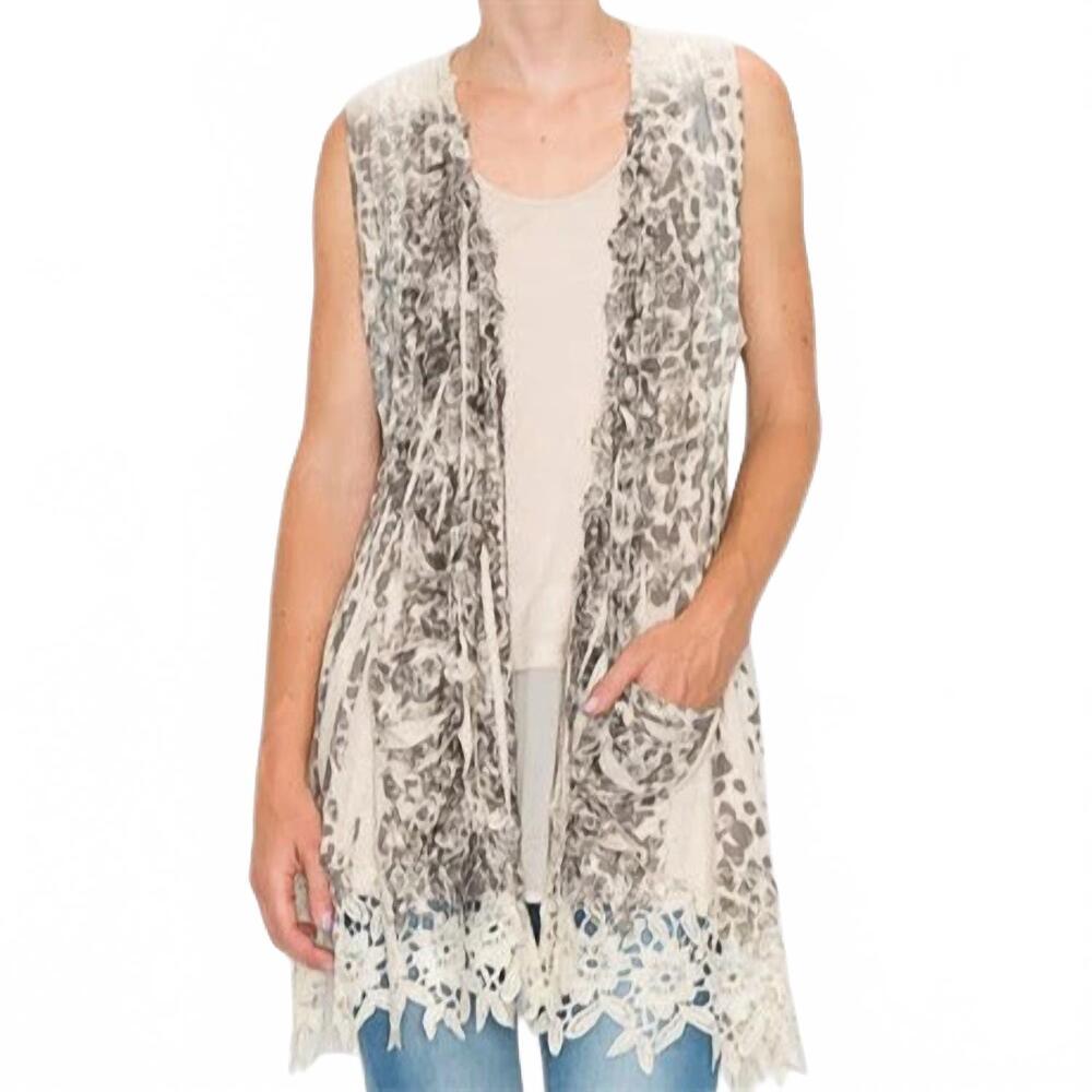 NEW ORIGAMI women's leopard print duster vest in grey/ivory